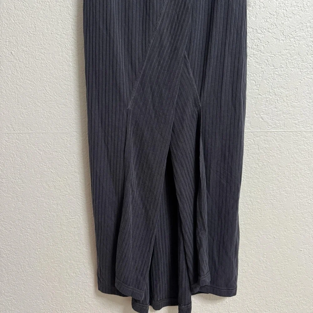Free People Rising Sun Dress Small Black Ribbed Stretch Wrap V-Neck Front‎ Slit